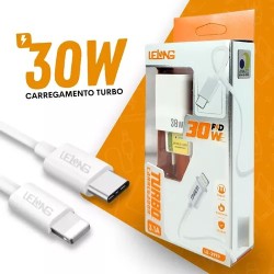 Fonte Carregador Turbo iPhone PD 30W + Cabo de Dados Tipo-C para Lightning P/