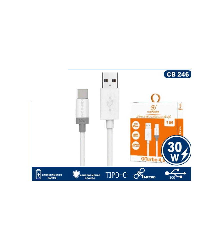 Cabo USB Tipo-C 3.1A 30W – Rápido e Seguro